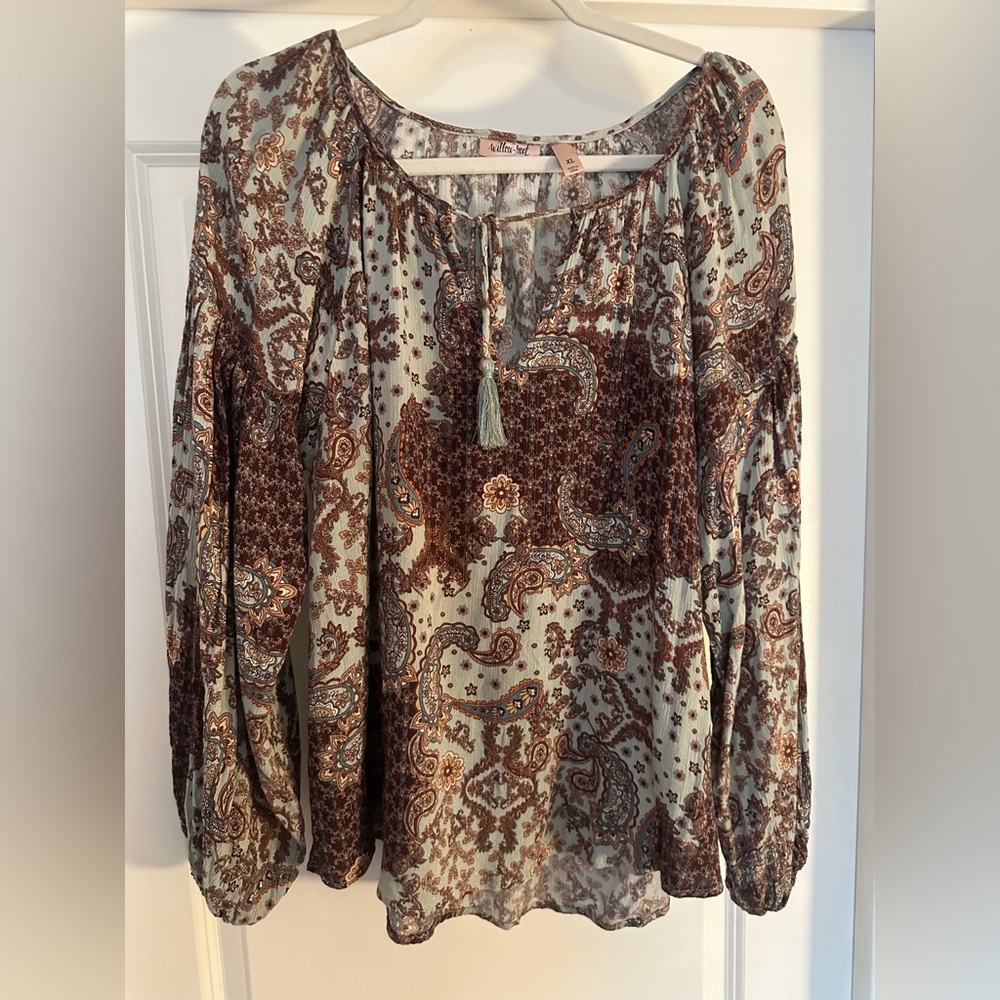 Boho Paisley Peasant Tunic in Light Blue and Brown